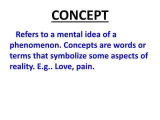 CONCEPT
Refers to a mental idea of a
phenomenon. Concepts are words or
terms that symbolize some aspects of
reality. E.g.. Love, pain.
 