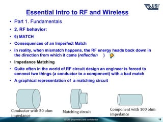 © USI proprietary and confidential
• Part 1. Fundamentals
• 2. RF behavior:
• 6) MATCH
• Consequences of an Imperfect Match
• In reality, when mismatch happens, the RF energy heads back down in
the direction from which it came (reflection )
• Impedance Matching
• Quite often in the world of RF circuit design an engineer is forced to
connect two things (a conductor to a component) with a bad match
• A graphical representation of a matching circuit
16
Essential Intro to RF and Wireless
Conductor with 50 ohm
impedance
Component with 100 ohm
impedance
Matching circuit
 