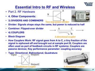 © USI proprietary and confidential
• Part 2. RF Hardware
• 4. Other Components:
• 3) DIVIDERS AND COMBINERS
• Divider: Signals shape stays the same, but power is reduced to half
• Combiner: Flipped-over divider
• 4) COUPLERS
• Block Diagram
• How Couplers Work: RF signal goes from A to C, a tiny fraction of the
signal is siphoned off and brought out at sample port B; Couplers are
often used as part of feedback circuits in RF systems; Couplers are
passive devices; Key performance parameter: coupling accuracy
• Type: Directional, Bidirectional, Quadrature
37
Essential Intro to RF and Wireless
N
A
B
Two-way power divider
A
A directional coupler
C
B
Input Output1
Output2
A Quadrature Coupler A directional coupler
 