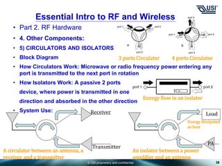 © USI proprietary and confidential
• Part 2. RF Hardware
• 4. Other Components:
• 5) CIRCULATORS AND ISOLATORS
• Block Diagram
• How Circulators Work: Microwave or radio frequency power entering any
port is transmitted to the next port in rotation
• How Isolators Work: A passive 2 ports
device, where power is transmitted in one
direction and absorbed in the other direction
• System Use:
38
Essential Intro to RF and Wireless
3 ports Circulator 4 ports Circulator
Energy flow in an isolator
Receiver
Transmitter
A circulator between an antenna, a
receiver, and a transmitter
Load
PA
An isolator between a power
amplifier and an antenna
Energy dissipated
as heat
 