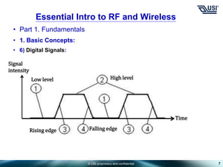 © USI proprietary and confidential
• Part 1. Fundamentals
• 1. Basic Concepts:
• 6) Digital Signals:
7
Essential Intro to RF and Wireless
High level
Low level
Rising edge Falling edge
Signal
intensity
Time
 