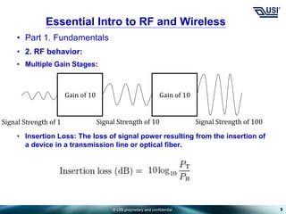© USI proprietary and confidential
• Part 1. Fundamentals
• 2. RF behavior:
• Multiple Gain Stages:
• Insertion Loss: The loss of signal power resulting from the insertion of
a device in a transmission line or optical fiber.
9
Essential Intro to RF and Wireless
Gain of 10
Signal Strength of 100
Signal Strength of 1 Signal Strength of 10
Gain of 10
 