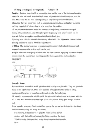 Packing. securing and moving loads              Chapter 10
Packing Packing must be able to support the load and the base of the footings of packing
should be hard and level. If the footing is earth, a layer of sand should be spread over the
area. Make sure that the base area of packing is large enough to support the load.
Check that there are no services such as large diameter pipes, tanks and cellars under the
packing, especially if a heavy load is to be placed on the packing.
Do not place bearers in line above one another, as the packing can roll and collapse.
During lifting operations, keep filling the gap with packing until larger bearers can be
inserted. Follow-up packing must be adjusted as the load rises.
Pigstying is an effective method of supporting a load with criss Pigsties or crossed timber
packing. Each layer is set at 900 to the layer below.
cribbing The footing base must be large enough to support the load and the main load
support bearers must be at right angles to the load.
Sleepers which are all slightly different sizes are often used for pigstying. To ensure there is
no movement the second layer must be packed with wedges or thin packers (gluts).
CORRECT
106




Spreader beams
Spreader beams are devices which spread the load evenly for a given lift. They are generally
made to suit a particular job. Most have a central lifting point for the crane or lifting
medium, and have two or more lugs underneath to take the load slings.
All spreader beams must be suitable to lift the particular load and must be branded with the
WLL. The WLL must include the weight of the load plus all lifting gear (slings, shackles
etc).
Some spreader beams are fitted with off-set lugs on the top and are designed to raise loads
level even though they are heavy on one end.
   For example, there are types of spreader beams used in power
   stations with sliding lifting lugs used to fit the rotor into the stator.
   This is done by sliding the lugs along the spreader until the rotor is
   level.

                                          12
 