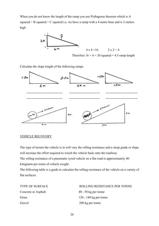 When you do not know the length of the ramp you use Pythagoras theorem which is A
squared + B squared = C squared i.e. we have a ramp with a 4 metre base and is 2 metres
high




                                                           4 x 4 =16          2x2=4
                                              Therefore 16 + 4 = 20 squared = 4.5 ramp length


Calculate the slope length of the following ramps.




       ----------------------------------   -----------------------------   ------------------------------
       ----------------------------------   -----------------------------   ------------------------------




VEHICLE RECOVERY


The type of terrain the vehicle is in will vary the rolling resistance and a steep grade or slope
will increase the effort required to winch the vehicle back onto the roadway
The rolling resistance of a pneumatic tyred vehicle on a flat road is approximately 40
kilograms per tonne of vehicle weight.
The following table is a guide to calculate the rolling resistance of the vehicle on a variety of
flat surfaces:


TYPE OF SURFACE                                      ROLLING RESISTANCE PER TONNE
Concrete or Asphalt                                 40 - 50 kg per tonne
Grass                                               120 - 140 kg per tonne
Gravel                                               200 kg per tonne


                                             26
 