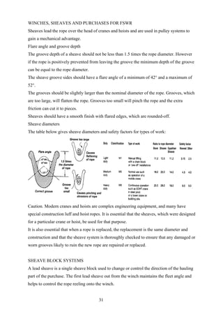 WINCHES, SHEAVES AND PURCHASES FOR FSWR
Sheaves lead the rope over the head of cranes and hoists and are used in pulley systems to
gain a mechanical advantage.
Flare angle and groove depth
The groove depth of a sheave should not be less than 1.5 times the rope diameter. However
if the rope is positively prevented from leaving the groove the minimum depth of the groove
can be equal to the rope diameter.
The sheave groove sides should have a flare angle of a minimum of 42° and a maximum of
52°.
The grooves should be slightly larger than the nominal diameter of the rope. Grooves, which
are too large, will flatten the rope. Grooves too small will pinch the rope and the extra
friction can cut it to pieces.
Sheaves should have a smooth finish with flared edges, which are rounded-off.
Sheave diameters
The table below gives sheave diameters and safety factors for types of work:




Caution. Modern cranes and hoists are complex engineering equipment, and many have
special construction luff and hoist ropes. It is essential that the sheaves, which were designed
for a particular crane or hoist, be used for that purpose.
It is also essential that when a rope is replaced, the replacement is the same diameter and
construction and that the sheave system is thoroughly checked to ensure that any damaged or
worn grooves likely to ruin the new rope are repaired or replaced.


SHEAVE BLOCK SYSTEMS
A lead sheave is a single sheave block used to change or control the direction of the hauling
part of the purchase. The first lead sheave out from the winch maintains the fleet angle and
helps to control the rope reeling onto the winch.


                                         31
 