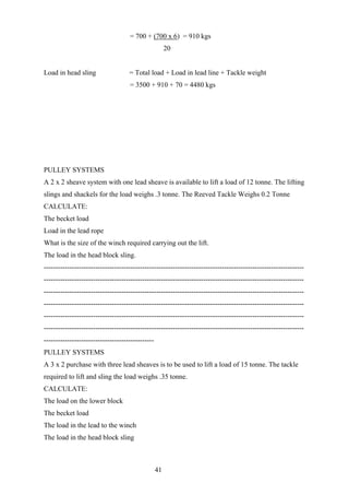 = 700 + (700 x 6) = 910 kgs
                                                       20


Load in head sling                  = Total load + Load in lead line + Tackle weight
                                    = 3500 + 910 + 70 = 4480 kgs




PULLEY SYSTEMS
A 2 x 2 sheave system with one lead sheave is available to lift a load of 12 tonne. The lifting
slings and shackels for the load weighs .3 tonne. The Reeved Tackle Weighs 0.2 Tonne
CALCULATE:
The becket load
Load in the lead rope
What is the size of the winch required carrying out the lift.
The load in the head block sling.
---------------------------------------------------------------------------------------------------------------
---------------------------------------------------------------------------------------------------------------
---------------------------------------------------------------------------------------------------------------
---------------------------------------------------------------------------------------------------------------
---------------------------------------------------------------------------------------------------------------
---------------------------------------------------------------------------------------------------------------
-----------------------------------------------
PULLEY SYSTEMS
A 3 x 2 purchase with three lead sheaves is to be used to lift a load of 15 tonne. The tackle
required to lift and sling the load weighs .35 tonne.
CALCULATE:
The load on the lower block
The becket load
The load in the lead to the winch
The load in the head block sling



                                                  41
 