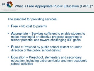 What is Free Appropriate Public Education (FAPE)?
The standard for providing services:
• Free = No cost to parents
• Appropriate = Services sufficient to enable student to
make meaningful or effective progress according to
his/her potential and toward challenging IEP goals.
• Public = Provided by public school district or under
direction of the public school district
• Education = Preschool, elementary and secondary
education, including extra curricular and non-academic
school activities
28
 