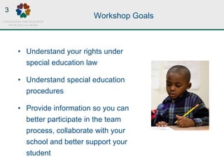 Workshop Goals
• Understand your rights under
special education law
• Understand special education
procedures
• Provide information so you can
better participate in the team
process, collaborate with your
school and better support your
student
3
 