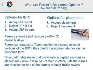 What are Parent’s Response Options ?
See 603 CMR 25.05(7)
Options for IEP:
1. Accept IEP in full
2. Reject IEP in full
3. Accept IEP in part
Options for placement:
1. Accept placement
2. Reject placement
Parent can request a Team meeting to discuss rejected
portions of the IEP if they check the appropriate box on the
response form
“Stay put” rights mean that previously accepted services or
placement – now in dispute - remain in place until the issues
are resolved or one of the parties request BSEA review
Parents should send response within 30
calendar days
31
 