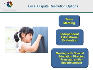 Local Dispute Resolution Options
Meeting with Special
Education Director,
Principal, and/or
Superintendent
Independent
Educational
Evaluation
Team
Meeting
37
 