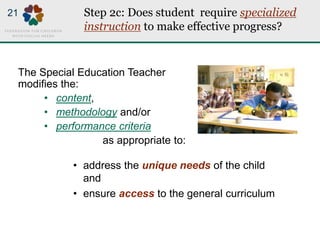 Step 2c: Does student require specialized
instruction to make effective progress?
• address the unique needs of the child
and
• ensure access to the general curriculum
The Special Education Teacher
modifies the:
• content,
• methodology and/or
• performance criteria
as appropriate to:
21
 