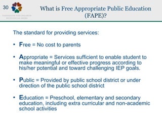 What is Free Appropriate Public Education
(FAPE)?
The standard for providing services:
• Free = No cost to parents
• Appro...