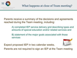 What happens at close of Team meeting?
Parents receive a summary of the decisions and agreements
reached during the Team meeting, including:
A) completed IEP service delivery grid describing types and
amounts of special education and/or related services and
B) statement of the major goals associated with those
services
Expect proposed IEP in two calendar weeks.
Parents are not required to sign an IEP at the Team meeting
32
 