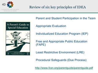 Review of six key principles of IDEA
Parent and Student Participation in the Team
Appropriate Evaluation
Individualized Ed...
