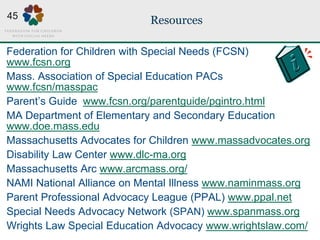 Resources
Federation for Children with Special Needs (FCSN)
www.fcsn.org
Mass. Association of Special Education PACs
www.f...