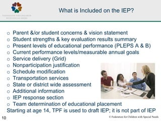 © Federation for Children with Special Needs
10
What is Included on the IEP?
o Parent &/or student concerns & vision state...