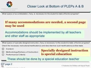 © Federation for Children with Special Needs
18
Closer Look at Bottom of PLEPs A & B
If many accommodations are needed, a ...