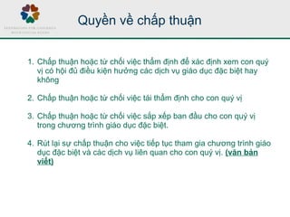 Quyền về chấp thuận
1. Chấp thuận hoặc từ chối việc thẩm định để xác định xem con quý
vị có hội đủ điều kiện hưởng các dịch vụ giáo dục đặc biệt hay
không
2. Chấp thuận hoặc từ chối việc tái thẩm định cho con quý vị
3. Chấp thuận hoặc từ chối việc sắp xếp ban đầu cho con quý vị
trong chương trình giáo dục đặc biệt.
4. Rút lại sự chấp thuận cho việc tiếp tục tham gia chương trình giáo
dục đặc biệt và các dịch vụ liên quan cho con quý vị. (văn bản
viết)
 