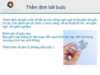 Thẩm định bắt buộc
Thẩm định chuyên môn về tất cả các mảng nghi ngờ bị khuyếm khuyết
(Ví dụ: Các đánh giá về hành vi chức năng, về kỹ thuật hổ trợ, về ngôn
ngữ, vể nghề nghiệp)
Đánh giá về giáo dục:
Bao gồm các thông tin liên quan đến quá trình học tập, tiến bộ trong
chương trình học phổ thông
Thẩm định về tâm lý (không bắt buộc )
 