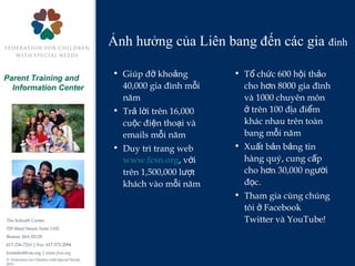The Schrafft Center
529 Main Street, Suite 1102
Boston, MA 02129
617-236-7210 | Fax: 617-572-2094
fcsninfo@fcsn.org | www.fcsn.org
© Federation for Children with Special Needs,
2013
Parent Training and
Information Center
Ảnh hưởng của Liên bang đến các gia đình
• Giúp đ kho ngỡ ả
40,000 gia đình m iỗ
năm
• Tr l i trên 16,000ả ờ
cu c đi n tho i vàộ ệ ạ
emails m i nămỗ
• Duy trì trang web
www.fcsn.org, v iớ
trên 1,500,000 l tượ
khách vào m i nămỗ
• T ch c 600 h i th oổ ứ ộ ả
cho h n 8000 gia đìnhơ
và 1000 chuyên môn
trên 100 đ a đi mở ị ể
khác nhau trên toàn
bang m i nămỗ
• Xu t b n b ng tinấ ả ả
hàng quý, cung c pấ
cho h n 30,000 ng iơ ườ
đ c.ọ
• Tham gia cùng chúng
tôi Facebookở
Twitter và YouTube!
 