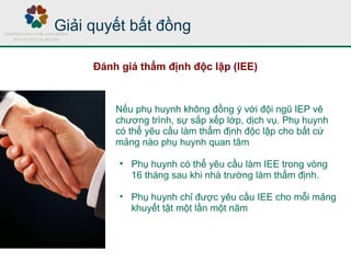 Giải quyết bất đồng
Nếu phụ huynh không đồng ý với đội ngũ IEP vê
chương trình, sự sắp xếp lớp, dịch vụ. Phụ huynh
có thể yêu cầu làm thẩm định độc lập cho bất cứ
mảng nào phụ huynh quan tâm
• Phụ huynh có thể yêu cầu làm IEE trong vòng
16 tháng sau khi nhà trường làm thẩm định.
• Phụ huynh chỉ được yêu cầu IEE cho mỗi mảng
khuyết tật một lần một năm
Đánh giá thẩm định độc lập (IEE)
 