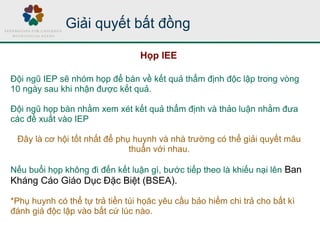 Đội ngũ IEP sẽ nhóm họp để bàn về kết quả thẩm định độc lập trong vòng
10 ngày sau khi nhận được kết quả.
Đội ngũ họp bàn nhằm xem xét kết quả thẩm định và thảo luận nhằm đưa
các đề xuất vào IEP
Đây là cơ hội tốt nhất để phụ huynh và nhà trường có thể giải quyết mâu
thuẩn với nhau.
Nếu buổi họp không đi đến kết luận gì, bước tiếp theo là khiếu nại lên Ban
Kháng Cáo Giáo Dục Đặc Biệt (BSEA).
*Phụ huynh có thể tự trả tiền túi họăc yêu cầu bảo hiểm chi trả cho bất kì
đánh giá độc lập vào bất cứ lúc nào.
Giải quyết bất đồng
Họp IEE
 