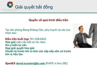 Tại văn phòng Bang Kháng Cáo, phụ huynh có các lựa
chọn sau:
Điều trần buổi họp 781-338-6443
Hòa giải (yêu cầu bất cứ lúc nào)
Xin ý kiến tư vấn
Họp giải quyết hòa giải
Chuẩn bị trước khi ra tòa/ các sắp xếp sẵn có trước
khi ra hầu tòa
SpedEX david.scanlon@bc.edu (FAPE in the LRE)
Giải quyết bất đồng
Quyền về quá trình điều trần
 