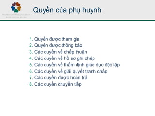 Quyền của phụ huynh
1. Quyền được tham gia
2. Quyền được thông báo
3. Các quyền về chấp thuận
4. Các quyền về hồ sơ ghi chép
5. Các quyền về thẩm định giáo dục độc lập
6. Các quyền về giải quyết tranh chấp
7. Các quyền được hoàn trả
8. Các quyền chuyển tiếp
 