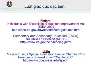 Luật giáo dục đặc biệt
FederalFederal
Individuals with Disabilities Education Improvement Act
(IDEA 2004)
http://idea.ed.g...