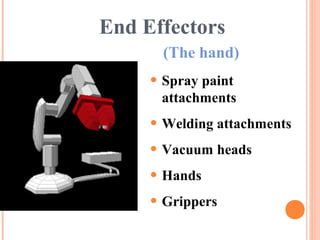 End Effectors
(The hand)
• Spray paint
attachments
• Welding attachments
• Vacuum heads
• Hands
• Grippers
 