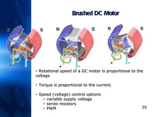 Brushed DC Motor Rotational speed of a DC motor is proportional to the voltage   Torque is proportional to the current.   Speed (voltage) control options variable supply voltage series resistors  PWM 