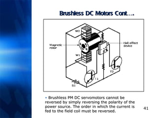 Brushless DC Motors Cont…. Brushless PM DC servomotors cannot be reversed by simply reversing the polarity of the power source. The order in which the current is fed to the field coil must be reversed. 