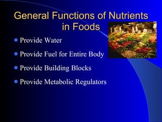 General Functions of Nutrients in Foods <ul><li>Provide Water </li></ul><ul><li>Provide Fuel for Entire Body </li></ul><ul...