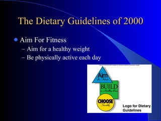 The Dietary Guidelines of 2000 <ul><li>Aim For Fitness </li></ul><ul><ul><li>Aim for a healthy weight </li></ul></ul><ul><...