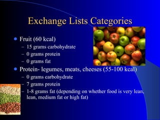 Exchange Lists Categories <ul><li>Fruit (60 kcal) </li></ul><ul><ul><li>15 grams carbohydrate </li></ul></ul><ul><ul><li>0...