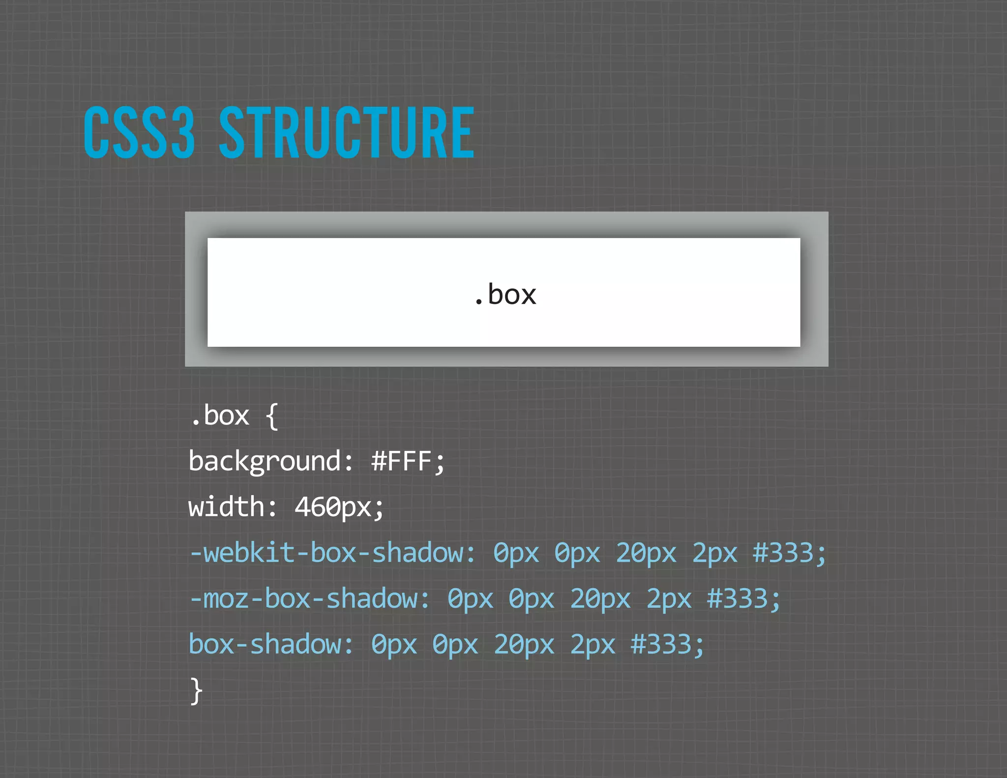 CSS3 STRUCTURE .box .box { background: #FFF; width: 460px; -webkit-box-shadow: 0px 0px 20px 2px #333; -moz-box-shadow: 0px 0px 20px 2px #333; box-shadow: 0px 0px 20px 2px #333; } 