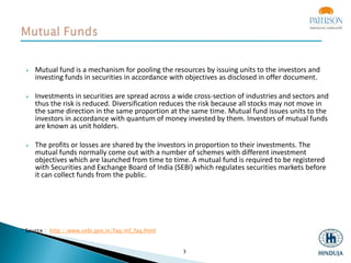 

Mutual fund is a mechanism for pooling the resources by issuing units to the investors and
investing funds in securities in accordance with objectives as disclosed in offer document.



Investments in securities are spread across a wide cross-section of industries and sectors and
thus the risk is reduced. Diversification reduces the risk because all stocks may not move in
the same direction in the same proportion at the same time. Mutual fund issues units to the
investors in accordance with quantum of money invested by them. Investors of mutual funds
are known as unit holders.



The profits or losses are shared by the investors in proportion to their investments. The
mutual funds normally come out with a number of schemes with different investment
objectives which are launched from time to time. A mutual fund is required to be registered
with Securities and Exchange Board of India (SEBI) which regulates securities markets before
it can collect funds from the public.

Source : http://www.sebi.gov.in/faq/mf_faq.html

3

 