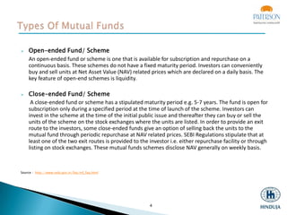 



Open-ended Fund/ Scheme
An open-ended fund or scheme is one that is available for subscription and repurchase on a
continuous basis. These schemes do not have a fixed maturity period. Investors can conveniently
buy and sell units at Net Asset Value (NAV) related prices which are declared on a daily basis. The
key feature of open-end schemes is liquidity.
Close-ended Fund/ Scheme
A close-ended fund or scheme has a stipulated maturity period e.g. 5-7 years. The fund is open for
subscription only during a specified period at the time of launch of the scheme. Investors can
invest in the scheme at the time of the initial public issue and thereafter they can buy or sell the
units of the scheme on the stock exchanges where the units are listed. In order to provide an exit
route to the investors, some close-ended funds give an option of selling back the units to the
mutual fund through periodic repurchase at NAV related prices. SEBI Regulations stipulate that at
least one of the two exit routes is provided to the investor i.e. either repurchase facility or through
listing on stock exchanges. These mutual funds schemes disclose NAV generally on weekly basis.

Source : http://www.sebi.gov.in/faq/mf_faq.html

4

 