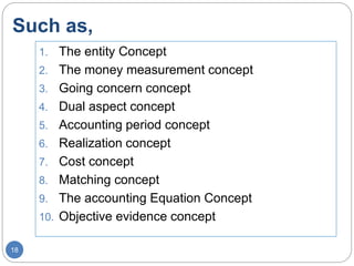Such as,
1. The entity Concept
2. The money measurement concept
3. Going concern concept
4. Dual aspect concept
5. Accounting period concept
6. Realization concept
7. Cost concept
8. Matching concept
9. The accounting Equation Concept
10. Objective evidence concept
18
 