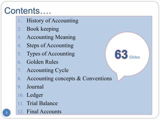 Contents….
1. History of Accounting
2. Book keeping
3. Accounting Meaning
4. Steps of Accounting
5. Types of Accounting
6. Golden Rules
7. Accounting Cycle
8. Accounting concepts & Conventions
9. Journal
10. Ledger
11. Trial Balance
12. Final Accounts
Slides
3
 