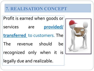 Profit is earned when goods or
services are provided/
transferred to customers. The
The revenue should be
recognized only when it is
legally due and realizable.
7. REALISATION CONCEPT
 