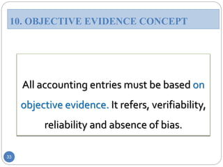 33
10. OBJECTIVE EVIDENCE CONCEPT
All accounting entries must be based on
objective evidence. It refers, verifiability,
reliability and absence of bias.
 