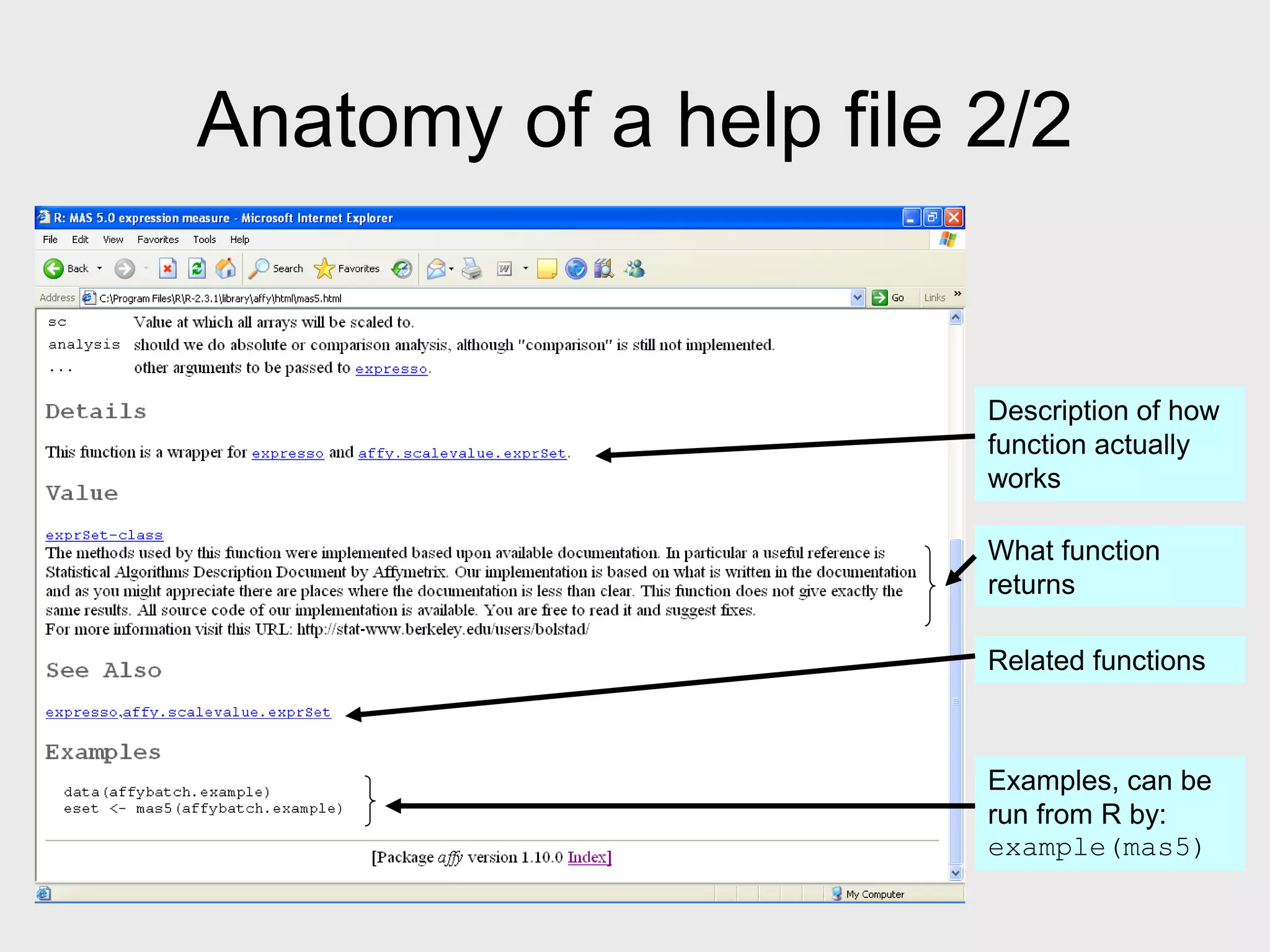 Anatomy of a help file 2/2 Description of how function actually works What function returns Related functions Examples, can be run from R by: example(mas5) 