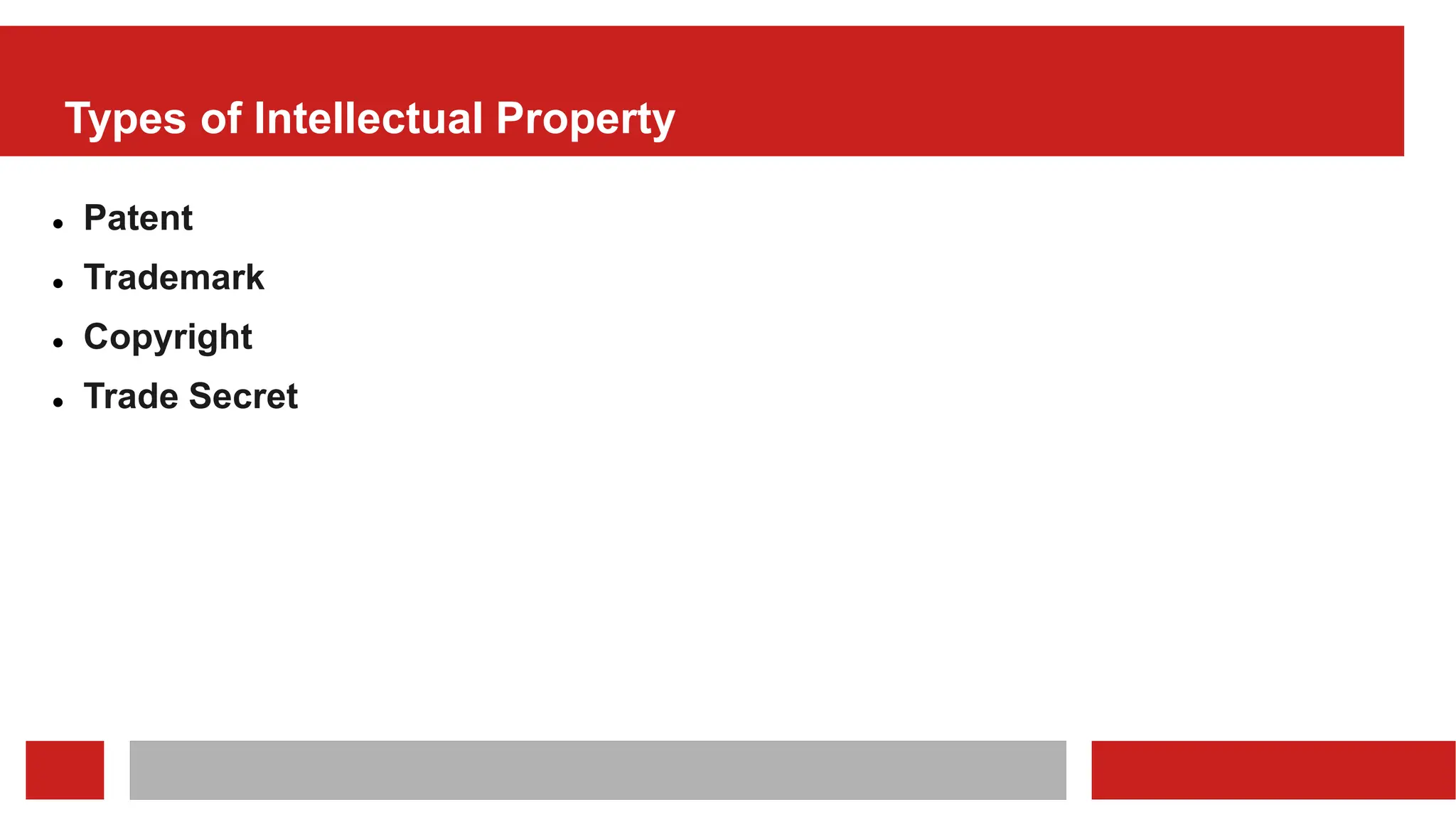 Types of Intellectual Property
 Patent
 Trademark
 Copyright
 Trade Secret
 