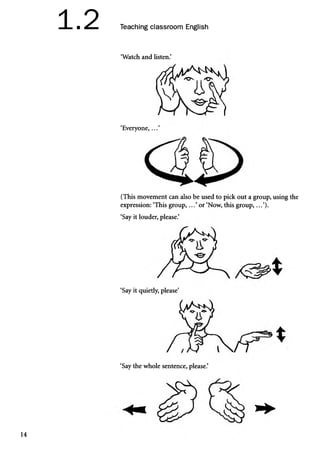 1.2 Teaching classroom English
‘Watch and listen.’
‘Everyone,...’
(This movement can also be used to pick out a group, using the
expression: ‘This group,...’or ‘Now, this group,...’).
‘Say it louder, please.’
‘Say it quietly, please’
‘Say the whole sentence, please.’
14
 