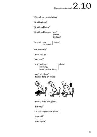 Classroom control 2.10
‘[Name], turn round, please.’
‘Sit still, please.’
‘Sit still and listen.’
‘Sit still and listen to
‘Look at me,
the board,
me.
[name].’
the tape.’
please.’
‘
Are you ready?’
‘Don’t start yet.’
‘Start now!’
‘Stop writing,
working,
what you are doing,
‘Stand up, please.’
‘[Name] stand up, please.’
please.’
‘[Name] come here, please.’
‘Hurry up!’
‘Go back to your seat, please.’
‘Be careful!’
‘Don’t touch!’
33
 