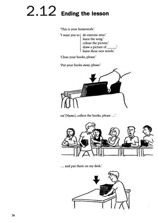 2.12 Ending the lesson
‘This is your homework.’
‘I want you to do exercise nine.’
learn the song.’
colour the picture.’
draw a picture o f.
learn these new words.’
‘Close your books, please.’
‘Put your books away, please.’
o r ‘ [Name], collect the books, please
and put them on my desk.’
36
 