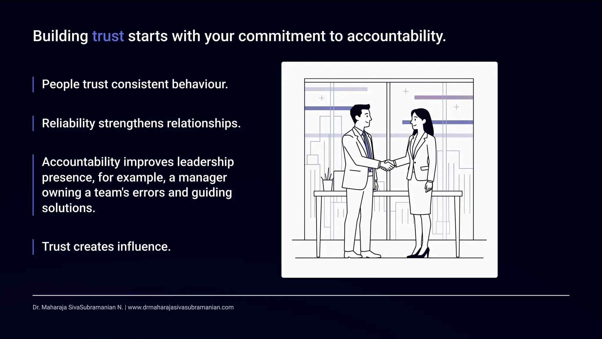 Building trust starts with your commitment to accountability.
People trust consistent behaviour.
Reliability strengthens relationships.
Accountability improves leadership
presence, for example, a manager
owning a team's errors and guiding
solutions.
Trust creates influence.
Dr. Maharaja SivaSubramanian N. | www.drmaharajasivasubramanian.com
 