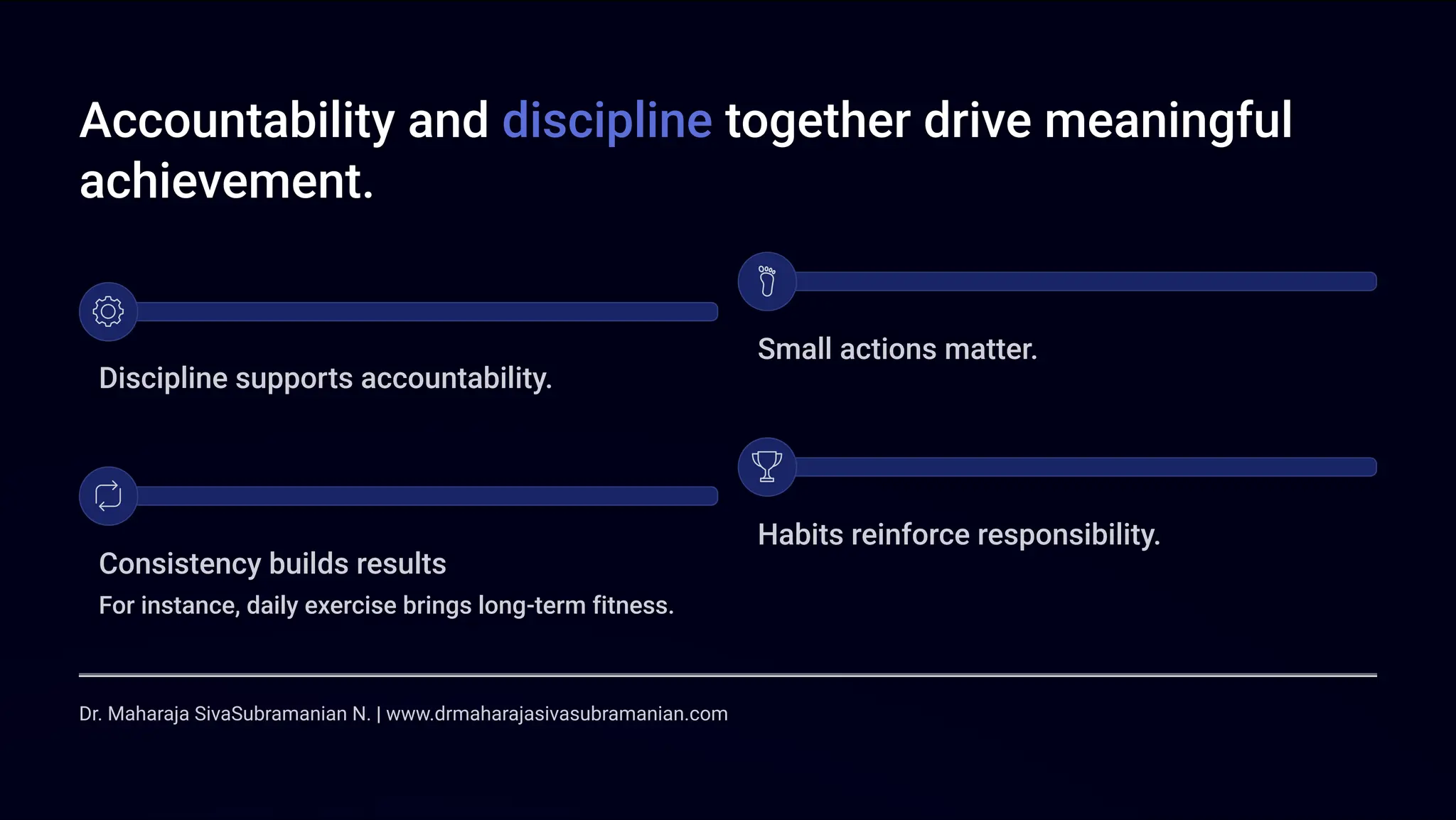 Accountability and discipline together drive meaningful
achievement.
Discipline supports accountability.
Small actions matter.
Consistency builds results
For instance, daily exercise brings long-term fitness.
Habits reinforce responsibility.
Dr. Maharaja SivaSubramanian N. | www.drmaharajasivasubramanian.com
 