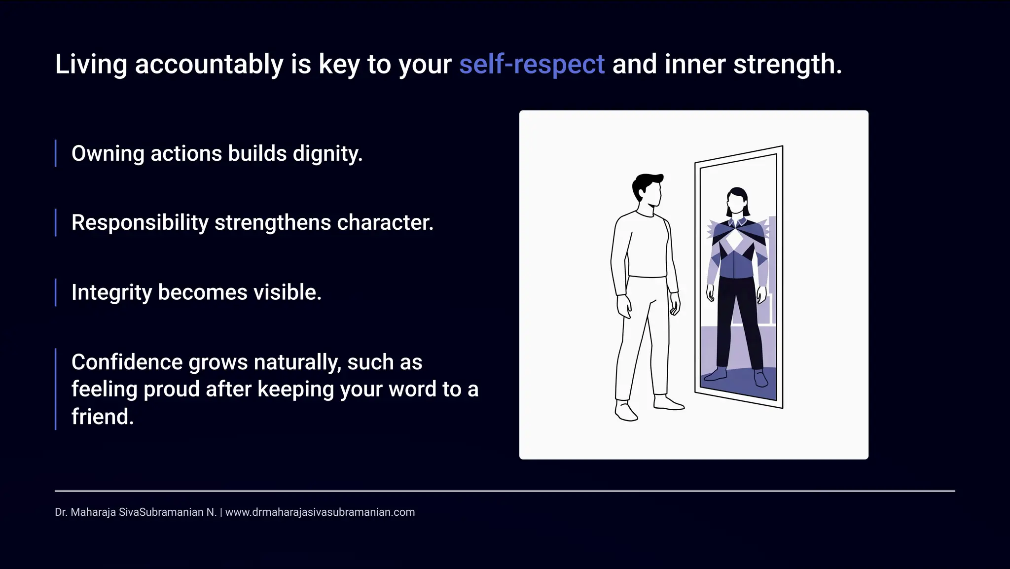 Living accountably is key to your self-respect and inner strength.
Owning actions builds dignity.
Responsibility strengthens character.
Integrity becomes visible.
Confidence grows naturally, such as
feeling proud after keeping your word to a
friend.
Dr. Maharaja SivaSubramanian N. | www.drmaharajasivasubramanian.com
 